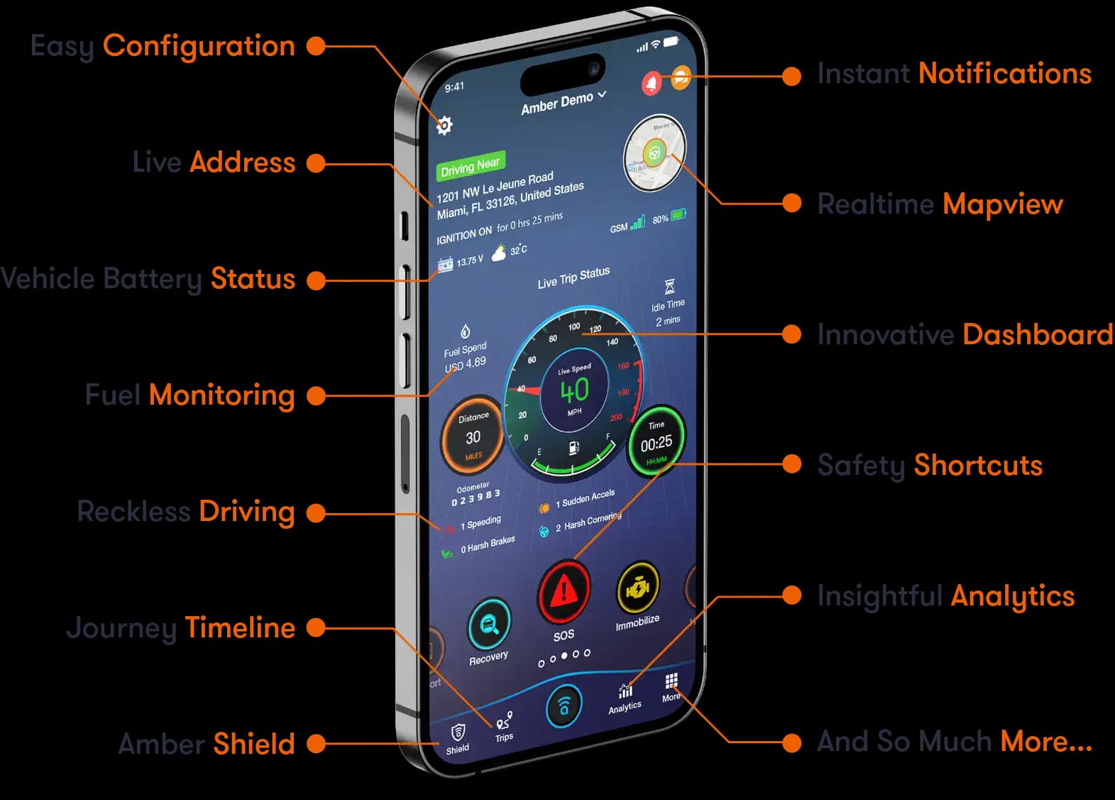 Amber Connect mobile app interface displaying GPS tracking and telematics features