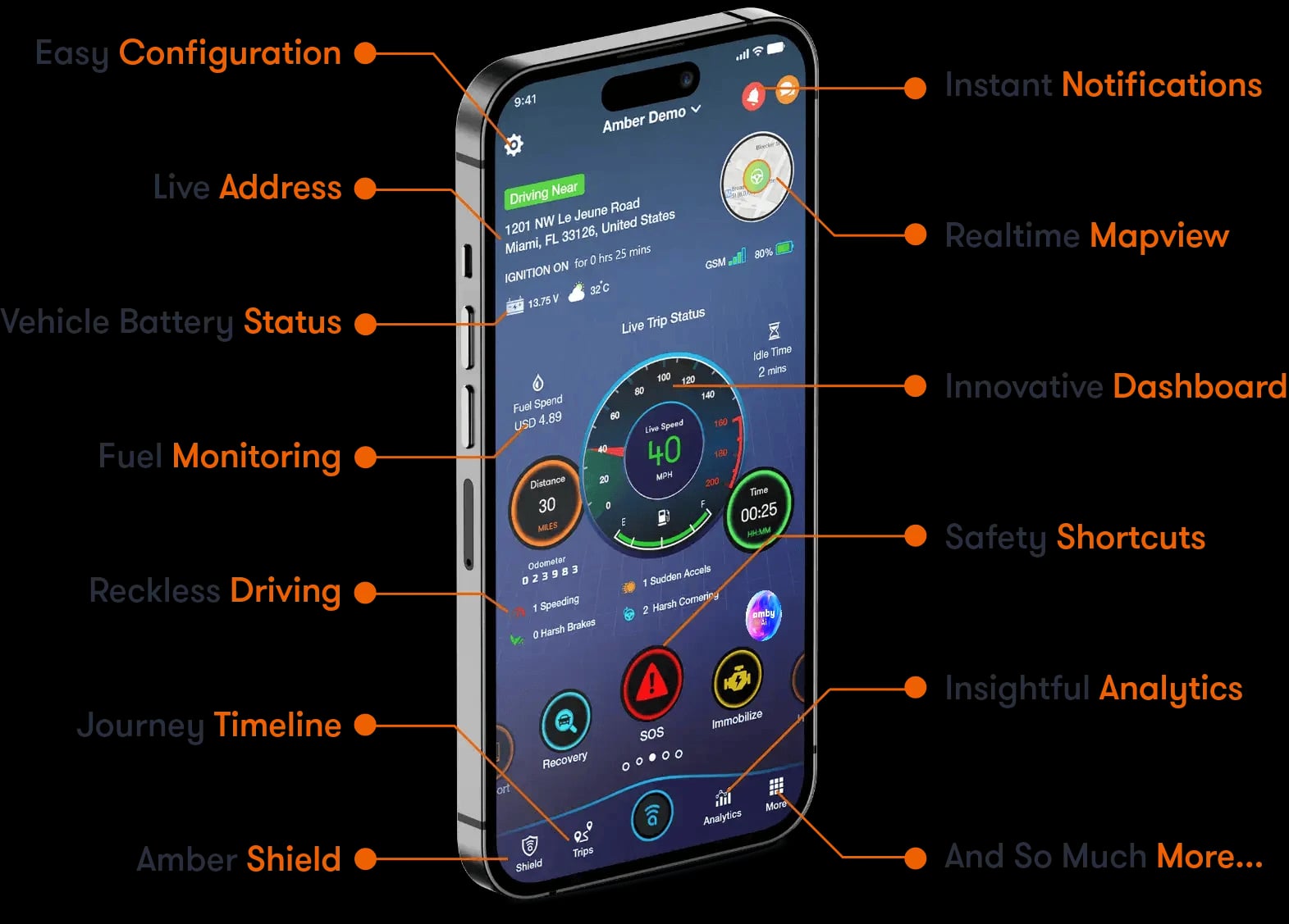 Amber Connect mobile app interface displaying GPS tracking and telematics features