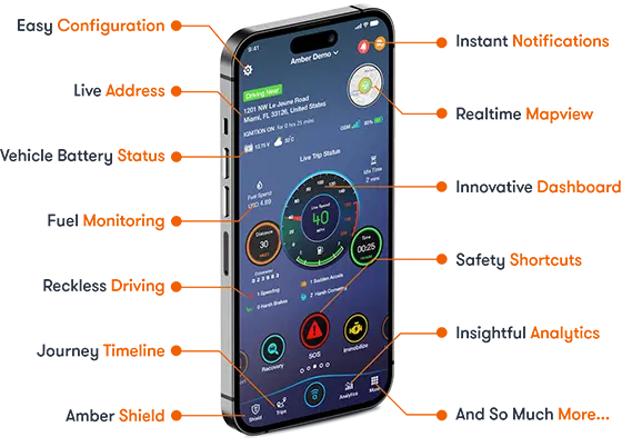 Amber Connect mobile app interface displaying GPS tracking and telematics features