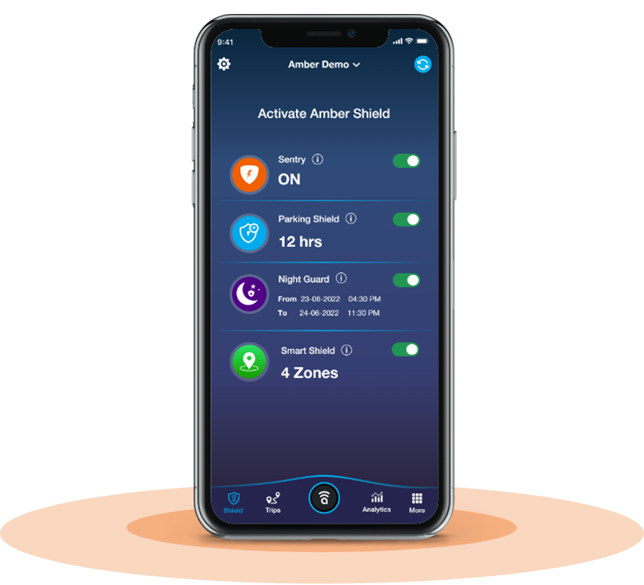 Amber Connect app showing 'Activate Amber Shield' with Sentry, Parking Shield, Night Guard, Smart Shield toggles