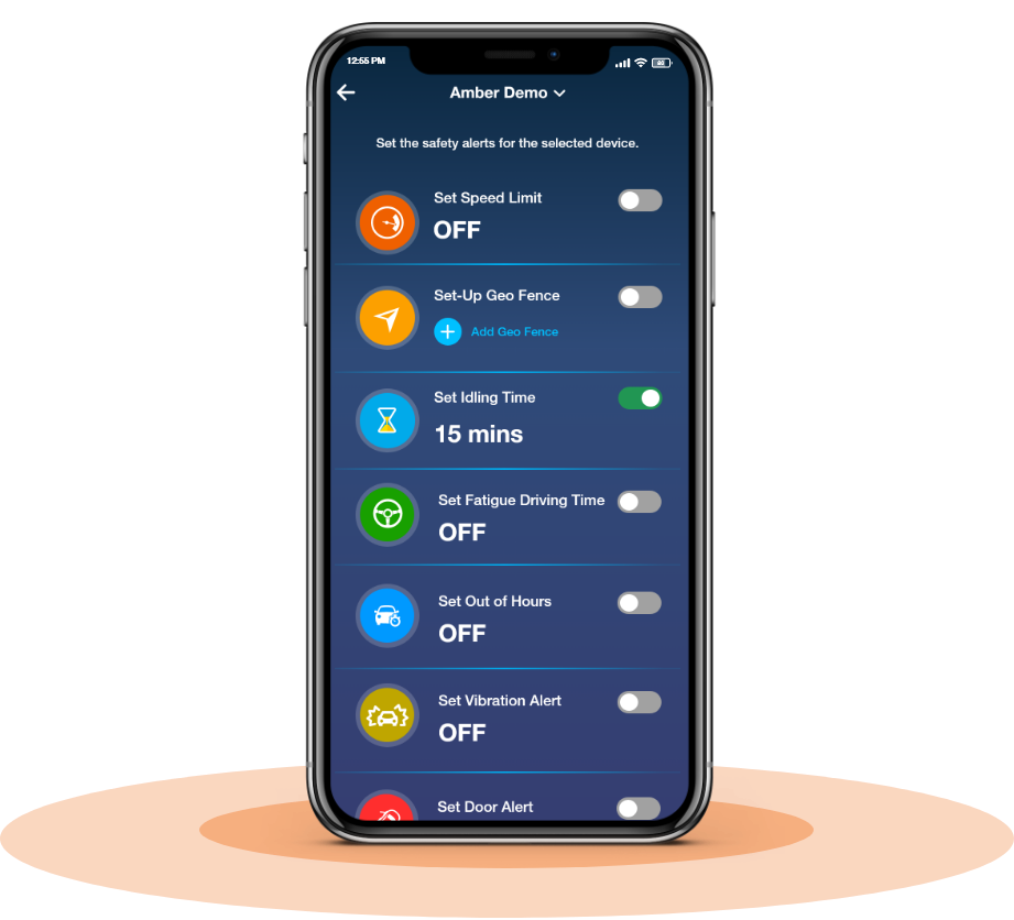 Amber Connect app dashboard screen slider showing geo-fence and other alert toggle settings