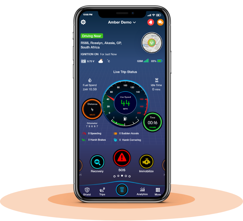 Amber Connect app dashboard home screen slider showing vehicle status snapshot