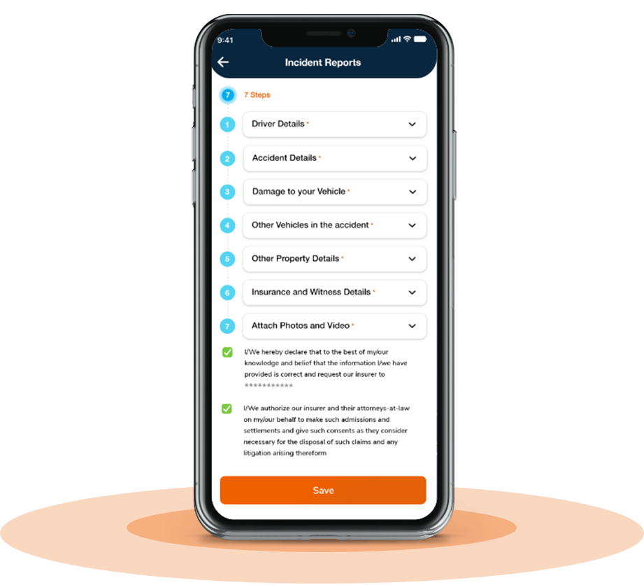 Amber Connect app showing seven-step process to file incident reports