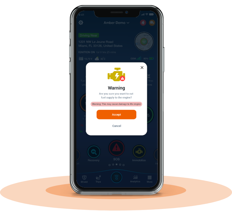 Amber Connect app showing remote engine off popup asking to cut fuel, warning about engine damage