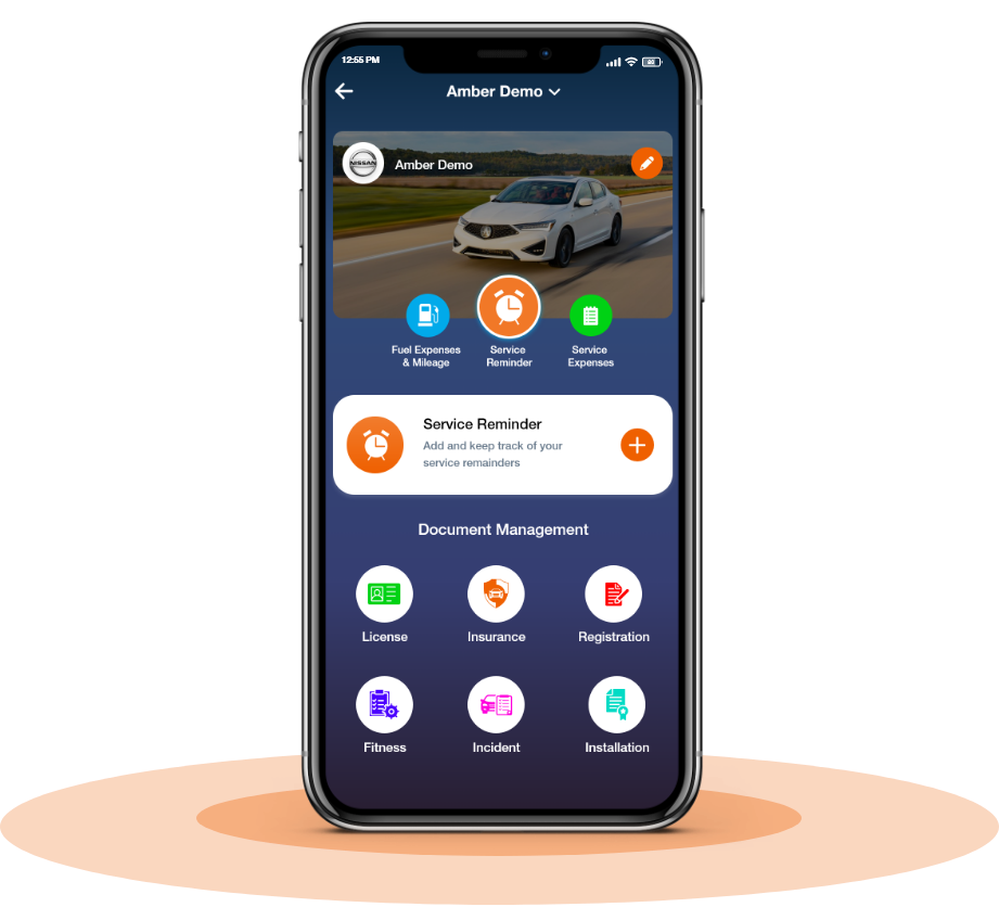 Amber Connect app showing service reminder, fuel expenses, mileage, and document management options