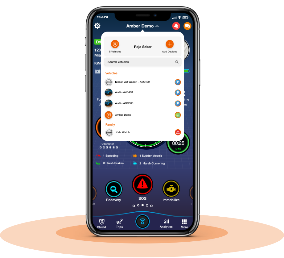 Amber Connect app dashboard screen slider showing vehicle chooser or switcher option