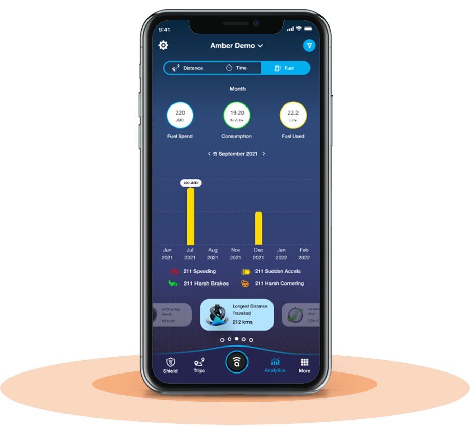 Amber Connect app showing vehicle expense analytics for fuel, maintenance, and other costs